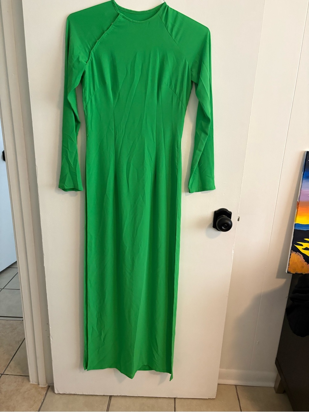 Ao Dai Long Sleeve Green Dress - Women's Simple Crewneck